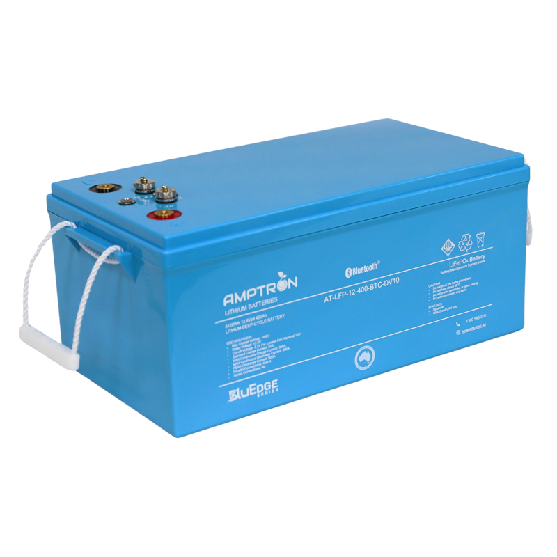 A blue lithium iron phosphate (LiFePO4) battery from Amptron with multiple connection terminals visible on the top surface.