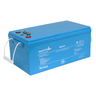 A blue lithium iron phosphate (LiFePO4) battery from Amptron with multiple connection terminals visible on the top surface.