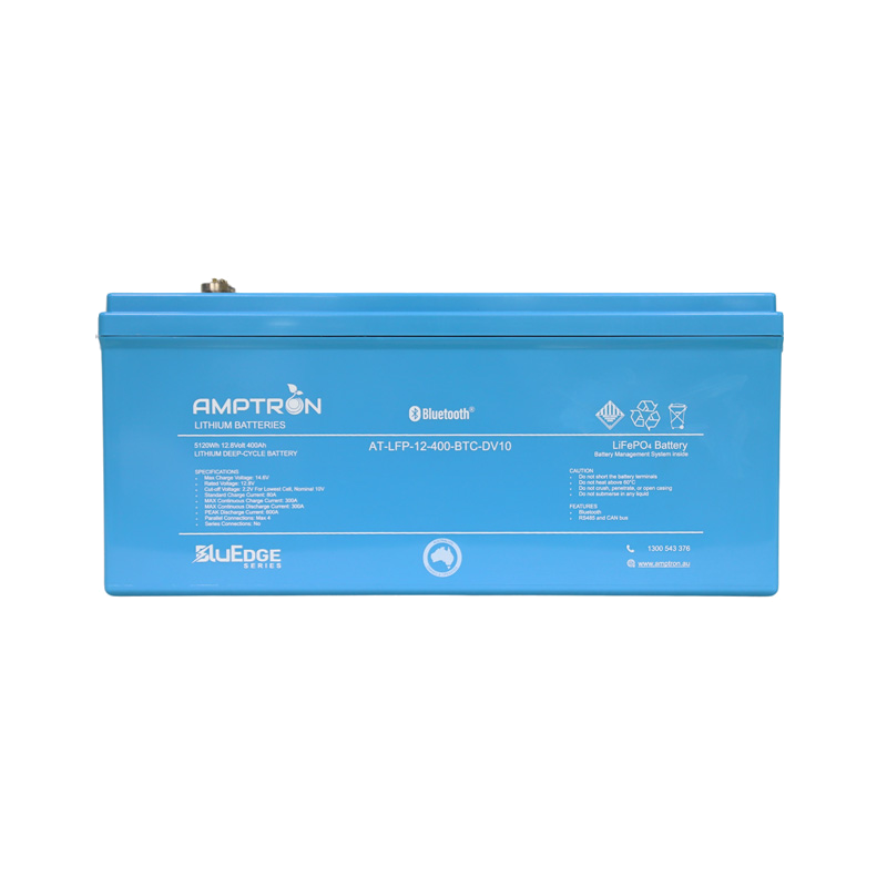 Side view of the Amptron BluEdge 12V 400Ah battery showing the label with model AT-LFP-12-400-BTC-DV10, the printed specification panel and the Bluetooth and LiFePO4 markings