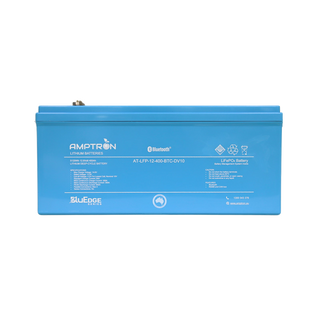 Side view of the Amptron BluEdge 12V 400Ah battery showing the label with model AT-LFP-12-400-BTC-DV10, the printed specification panel and the Bluetooth and LiFePO4 markings
