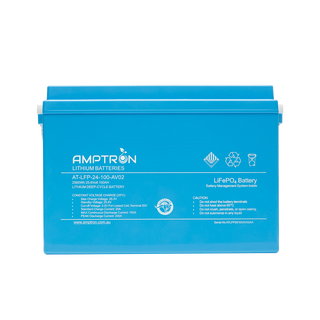 The 24V 100Ah battery square on, the label listing max charge voltage 29.2V, standby 25.6V, cut-off 2.5V per cell nominal 20V, standard charge 20A, max continuous discharge 100A and peak discharge 200A