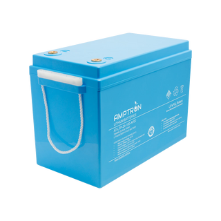 Amptron AT-LFP-24-100-AV02 lithium battery at a three-quarter angle, 2560Wh 25.6 Volt 100Ah, the blue case with a rope carry handle and two terminals on the top face