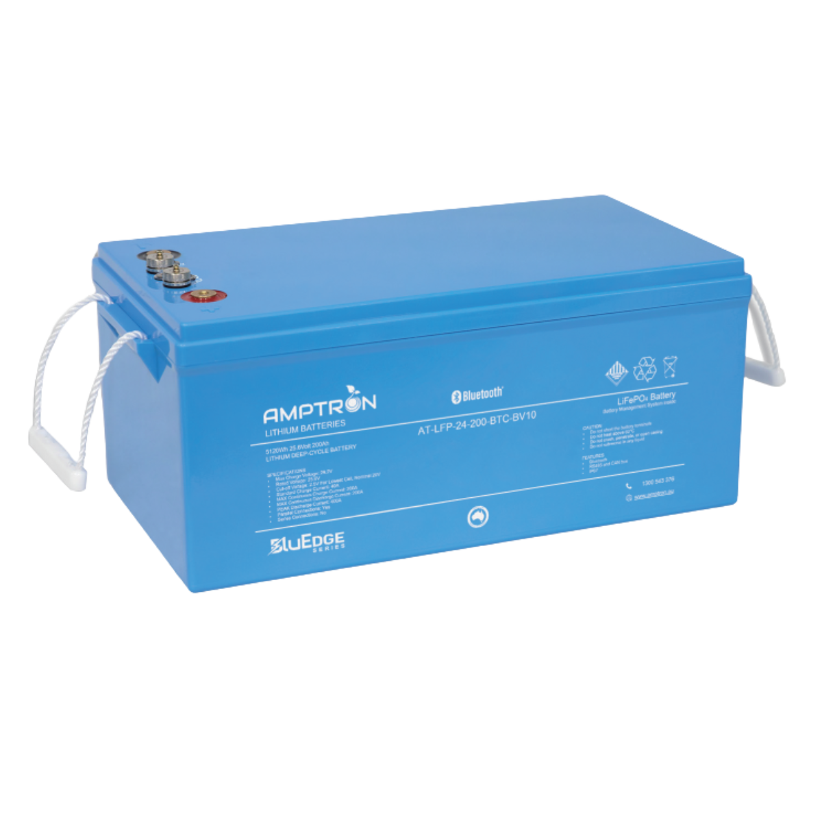 Amptron BluEdge AT-LFP-24-200-BTC-BV10 battery at a three-quarter angle, 5120Wh 25.6 Volt 200Ah, a deep blue case with rope handles at each end and the terminal cluster on top