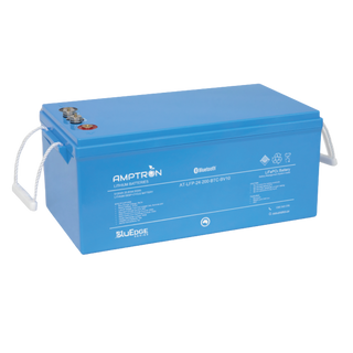 Amptron BluEdge AT-LFP-24-200-BTC-BV10 battery at a three-quarter angle, 5120Wh 25.6 Volt 200Ah, a deep blue case with rope handles at each end and the terminal cluster on top
