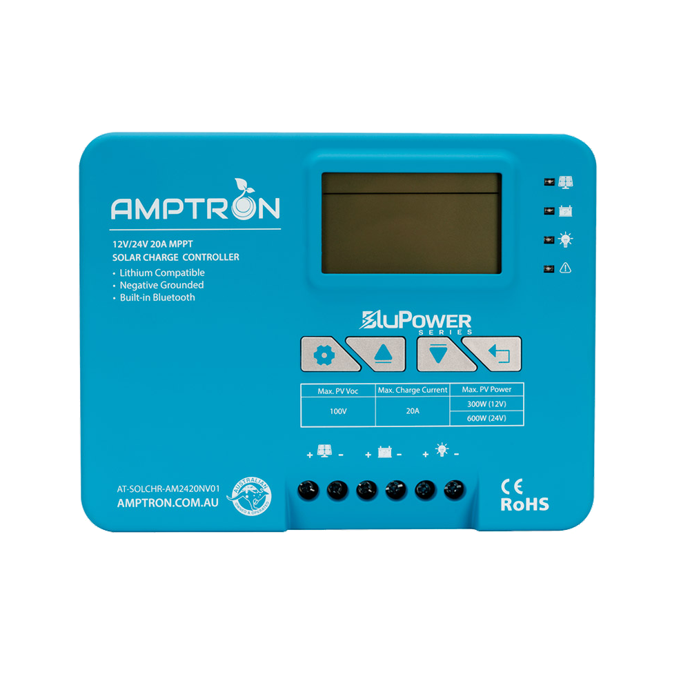 Amptron BluPower 12V/24V 20A MPPT solar charge controller face on, part AT-SOLCHR-AM2420NV01, the blue case with an LCD screen, four status LEDs, four buttons and a printed table giving max PV Voc 100V, max charge current 20A and max PV power 300W at 12V or 600W at 24V, with six terminals along the bottom for panel, battery and load