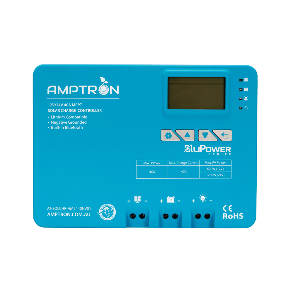Amptron BluPower 12V/24V 40A MPPT solar charge controller face on, part AT-SOLCHR-AM2440NV01, with LCD screen, four status LEDs and a printed table giving max PV Voc 100V, max charge current 40A and max PV power 600W at 12V or 1200W at 24V
