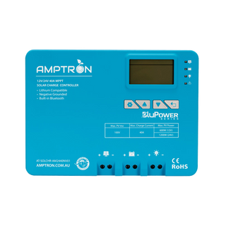 Amptron BluPower 12V/24V 40A MPPT solar charge controller face on, part AT-SOLCHR-AM2440NV01, with LCD screen, four status LEDs and a printed table giving max PV Voc 100V, max charge current 40A and max PV power 600W at 12V or 1200W at 24V