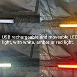 Collage of a USB rechargeable LED light showing white, amber, and red lights.