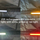 Collage of a USB rechargeable LED light showing white, amber, and red lights.