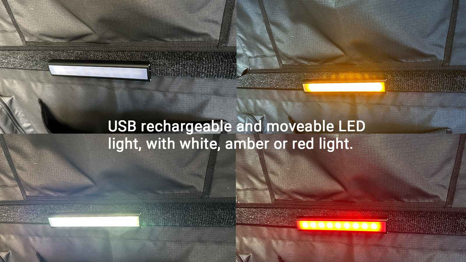 Collage of a USB rechargeable LED light showing white, amber, and red lights.