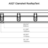 Technical drawing of AX27 Clamshell Rooftop Tent with dimensions