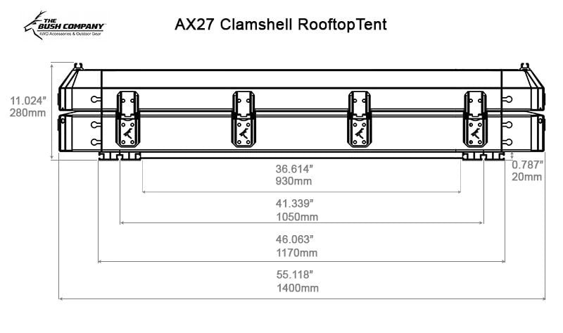 Technical drawing of AX27 Clamshell Rooftop Tent with dimensions