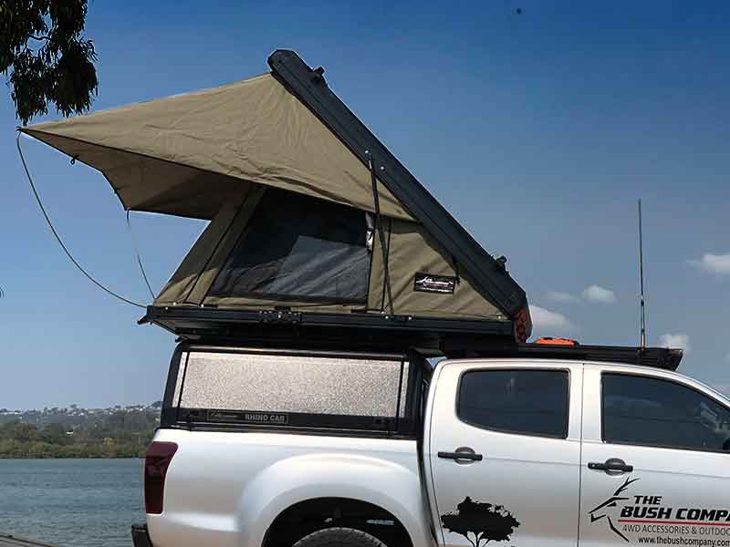 Bush Company AX27 Clamshell Rooftop Tent side view on tray canopy