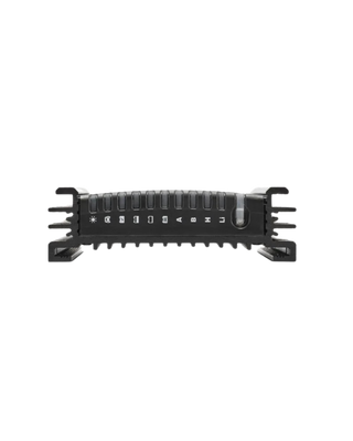 Edge-on view of the Alpha50 R, the row of connector positions along the front face each marked with its own icon, between the cast end brackets