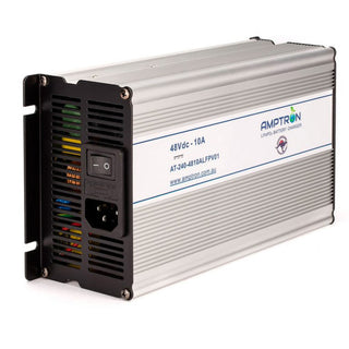 The same 48V 10A charger from the other side, showing the ribbed aluminium body, the fuse holder beside the IEC inlet and the full-length mounting flange