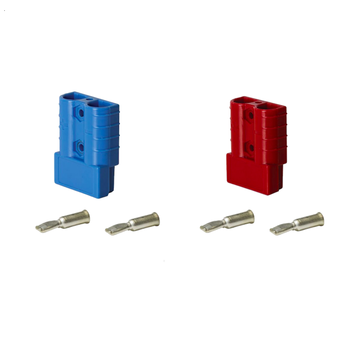 A blue and a red Anderson-style 50 amp connector housing side by side, each with two silver contacts laid out beneath