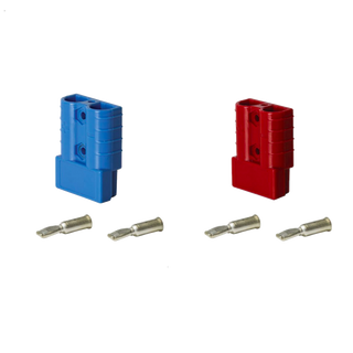 A blue and a red Anderson-style 50 amp connector housing side by side, each with two silver contacts laid out beneath