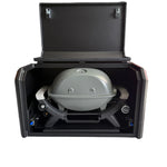 Portable grill in a black carrying case on a white background