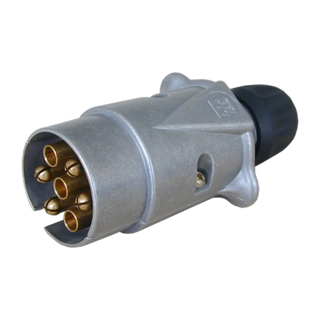 Seven-pin large round metal trailer plug, the die-cast body opened to show the seven brass pins in the insert, with the black cable gland at the rear