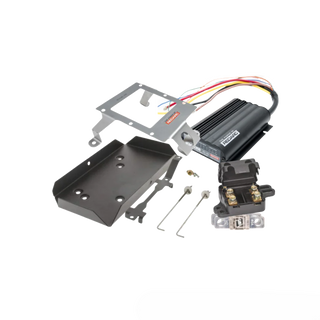 Contents of the LandCruiser 200 Series dual battery kit: REDARC BCDC1225D charger, stainless mounting bracket, powder coated battery tray, fuse holder, 40A midi fuse and hold-down hardware
