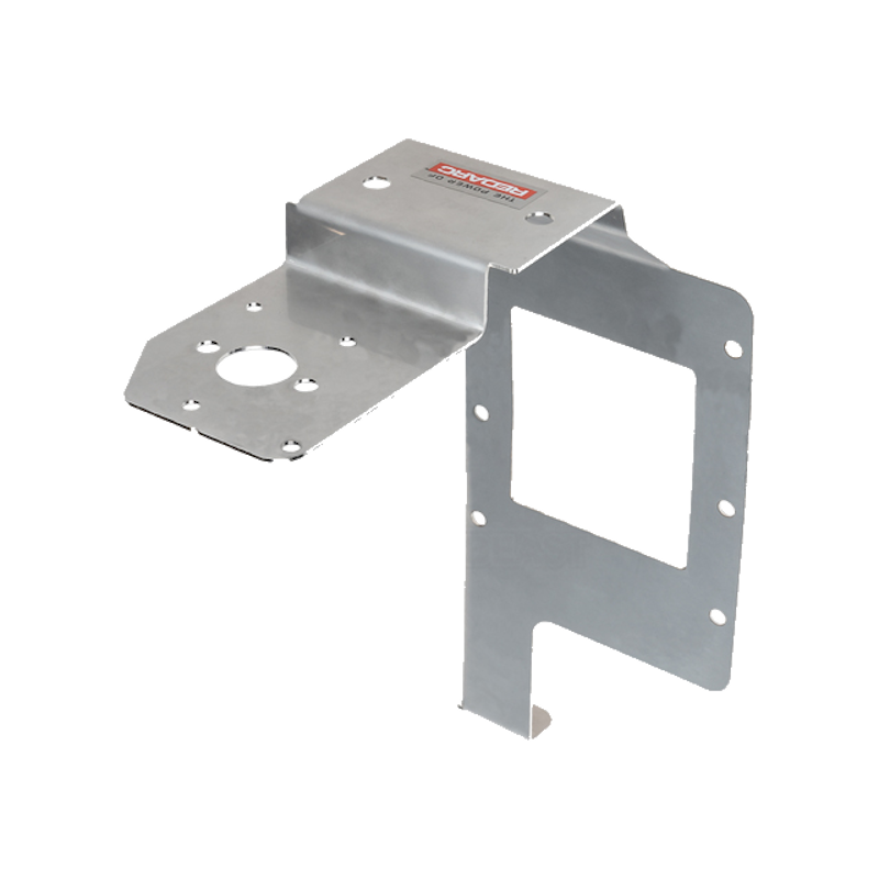 Stainless Redarc mounting bracket with a horizontal shelf carrying a large round hole and a set of fixing holes, meeting an upright plate with a rectangular cut-out