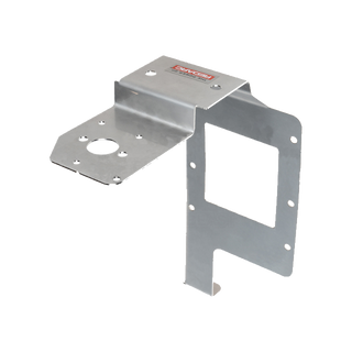 Stainless Redarc mounting bracket with a horizontal shelf carrying a large round hole and a set of fixing holes, meeting an upright plate with a rectangular cut-out