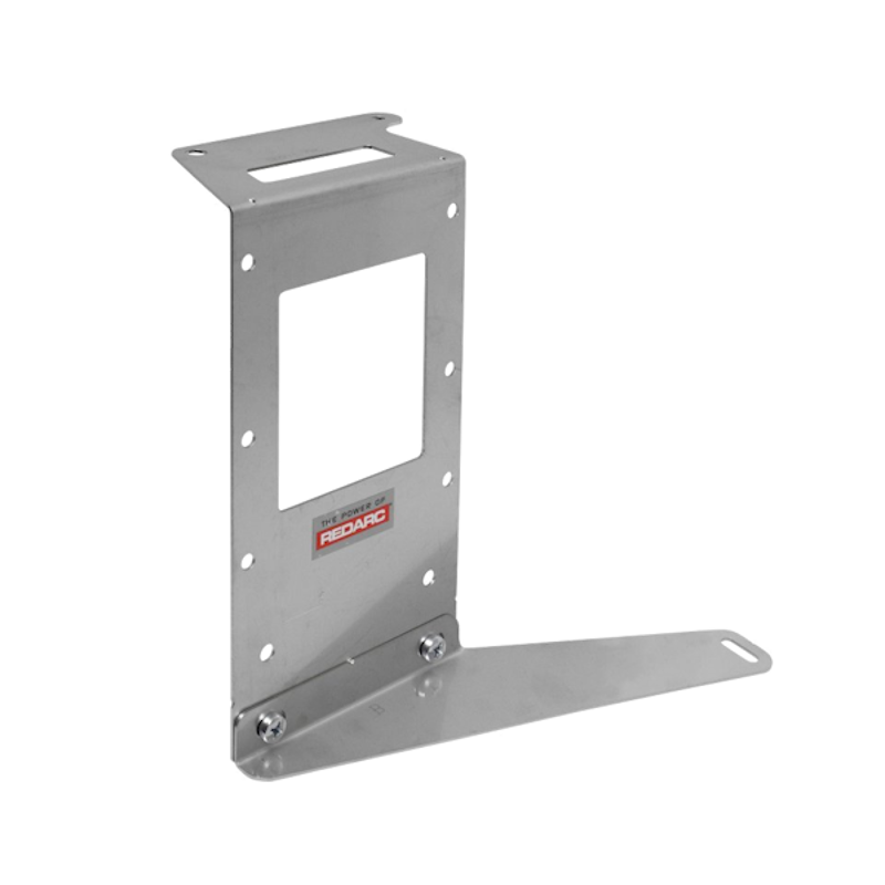 Stainless Redarc mounting bracket with a long flat foot bolted across the base, the upright plate carrying a rectangular cut-out and a slot at the top