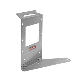 Stainless Redarc mounting bracket with a long flat foot bolted across the base, the upright plate carrying a rectangular cut-out and a slot at the top