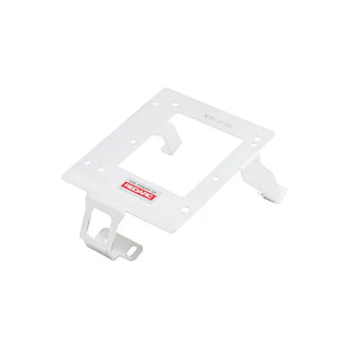White Redarc mounting bracket at an angle, the plate with a central cut-out and two retaining tangs, with slotted feet at opposite corners