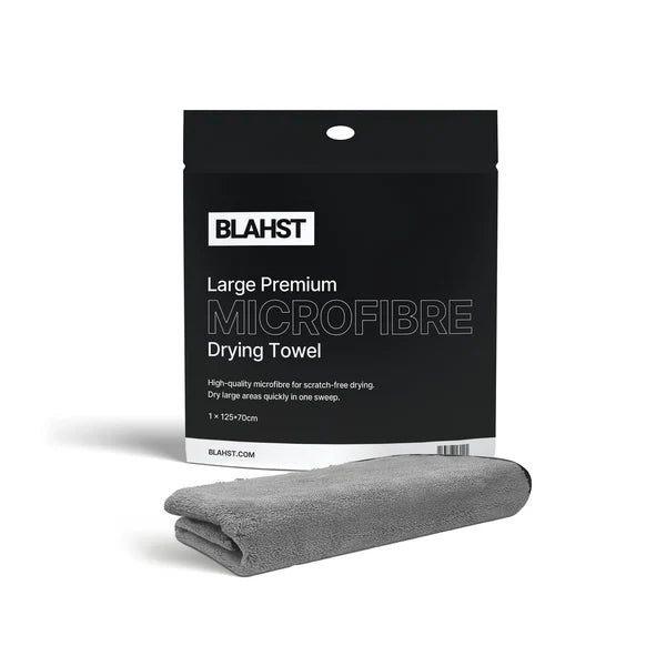 BLAHST large premium microfibre drying towel with packaging on a white background