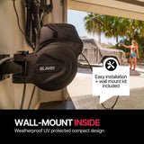 BLAHT product with text about easy installation and wall mount kit included, set against a background of a woman and truck outside.
