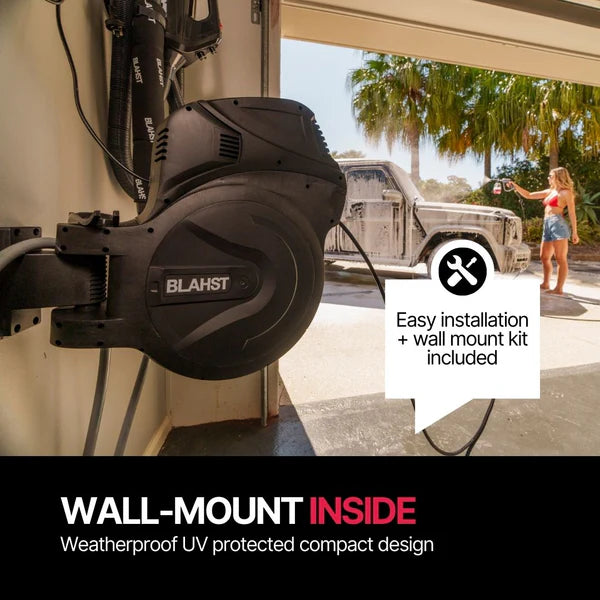 BLAHT product with text about easy installation and wall mount kit included, set against a background of a woman and truck outside.