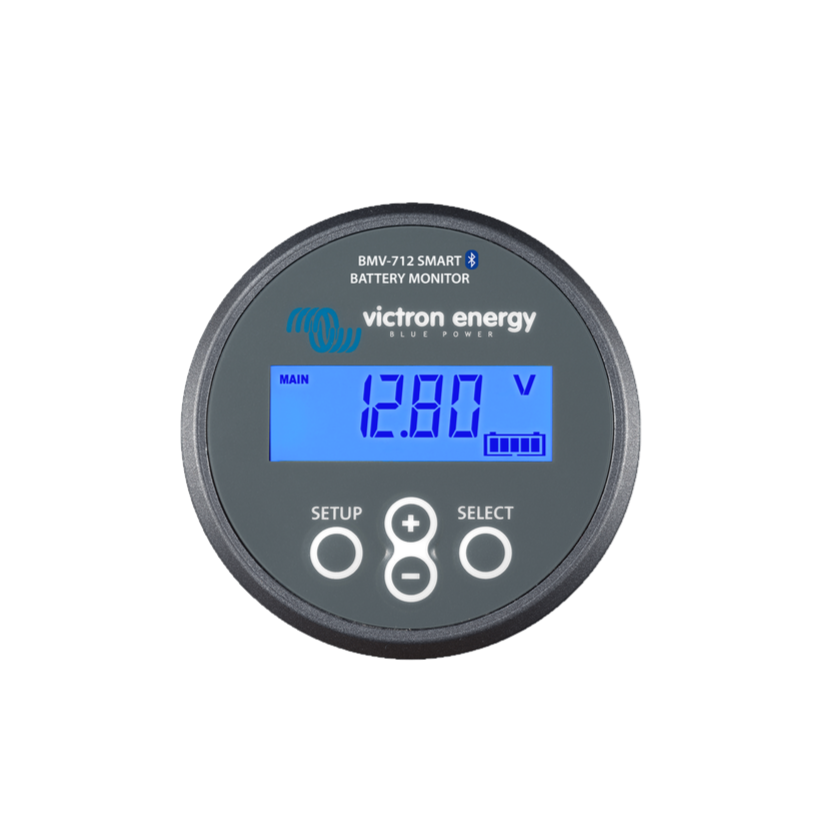 A digital display of the Victron Energy BMV-712 Smart battery monitor showing voltage reading, with a black casing and button interface.