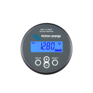 A digital display of the Victron Energy BMV-712 Smart battery monitor showing voltage reading, with a black casing and button interface.
