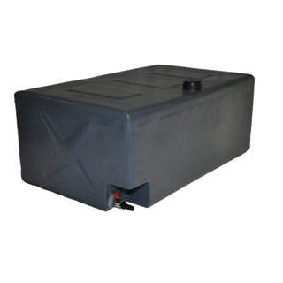 A black rectangular Boab poly water tank designed for vehicle mounting, with a screw cap filler and outlet for a hose.
