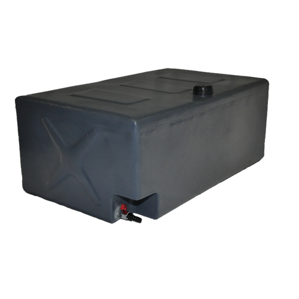 A black rectangular Boab poly water tank designed for vehicle mounting, with a screw cap filler and outlet for a hose.