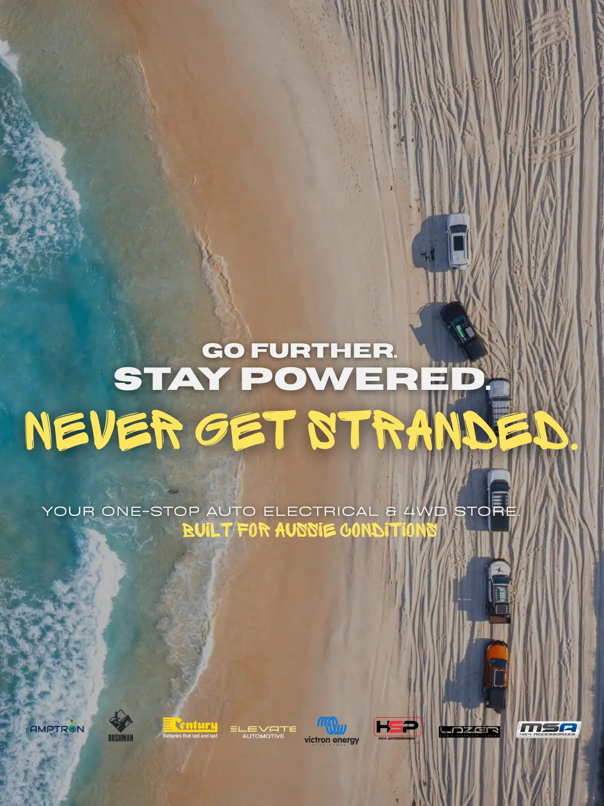 Birdseye view of beach and sand with trucks driving on the sand. Text and logos overlaid 