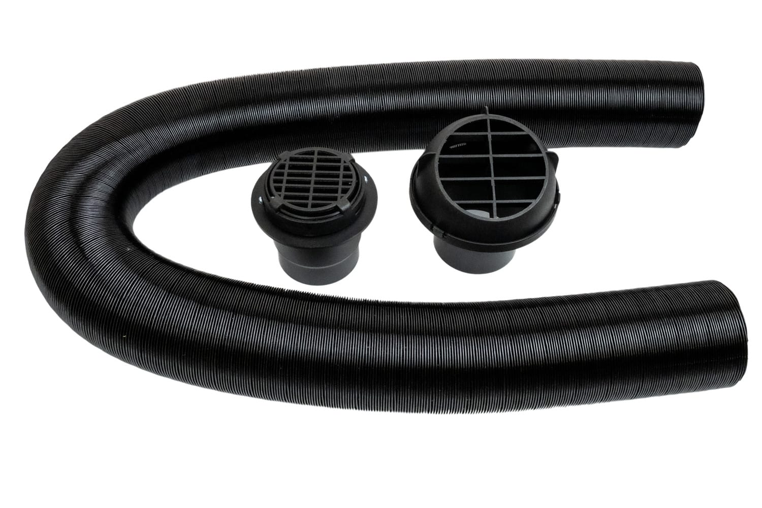 Black air hose and connectors on a white background