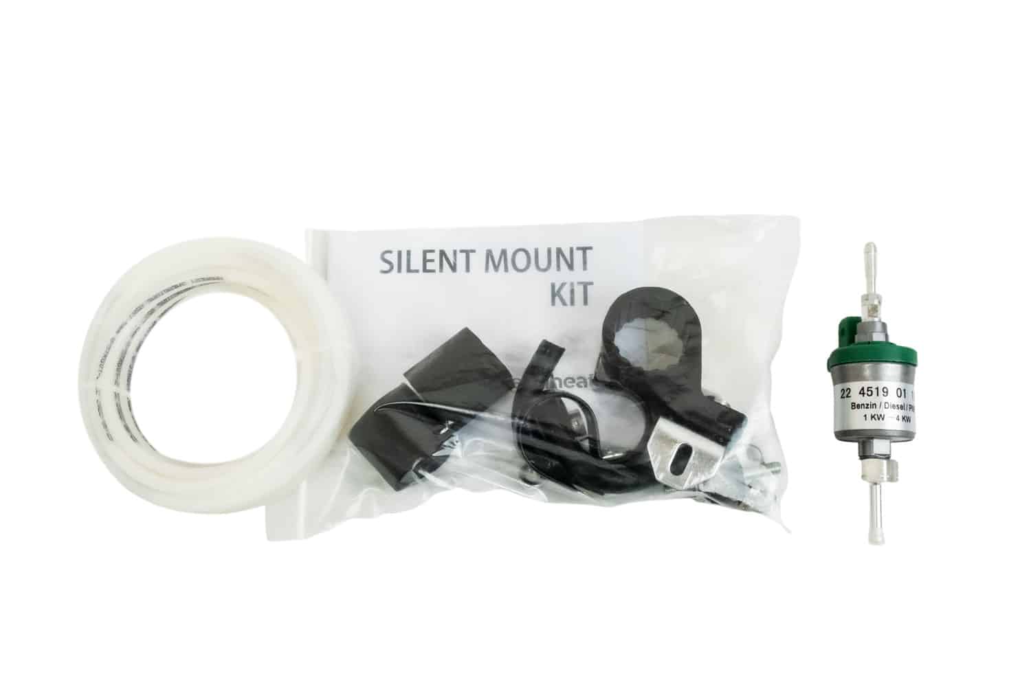 Silent mount kit with components on a white background