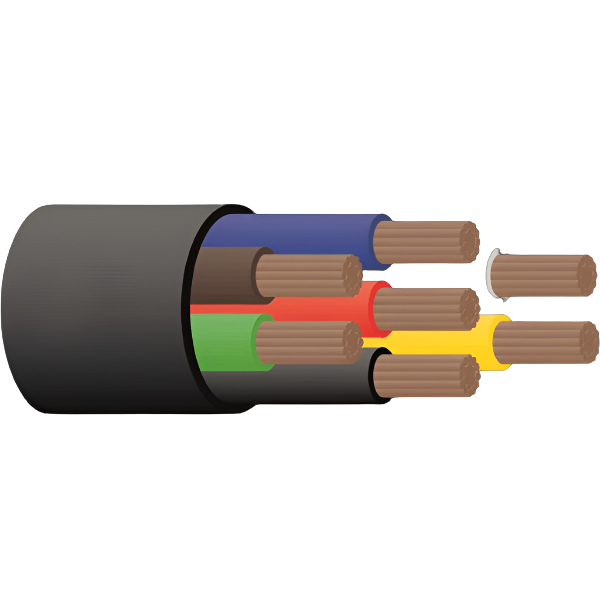 Cut end of seven-core trailer cable with the black outer sheath peeled back, showing the seven insulated cores in blue, brown, red, green, yellow, black and white, each stripped to expose the copper strands