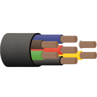 Cut end of seven-core trailer cable with the black outer sheath peeled back, showing the seven insulated cores in blue, brown, red, green, yellow, black and white, each stripped to expose the copper strands