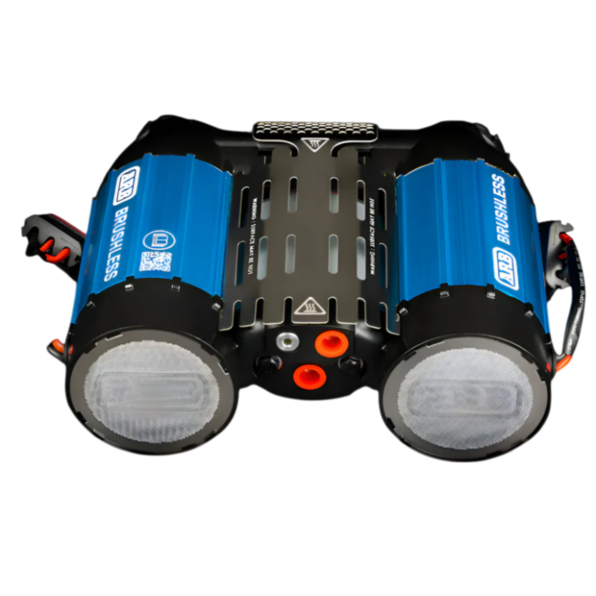 ARB brushless twin compressor seen from the front, two blue anodised cylinders either side of a black vented heatsink, the mesh-covered intake filters on the ends and the orange fittings and outlet ports across the centre