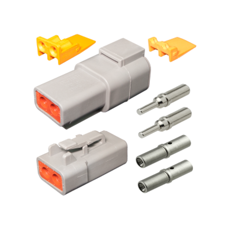 Two-pin Deutsch DT connector kit: the grey receptacle and plug with orange seals, two orange wedge locks, and two pin and two socket contacts sized for 5mm auto cable