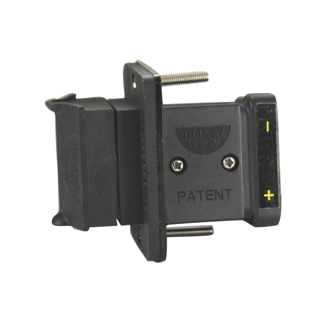 Trailer Vision flush mount cover for an SB50 Anderson connector, a black moulded housing with a sprung dust flap, two long mounting screws and a yellow plus and minus polarity strip down one side