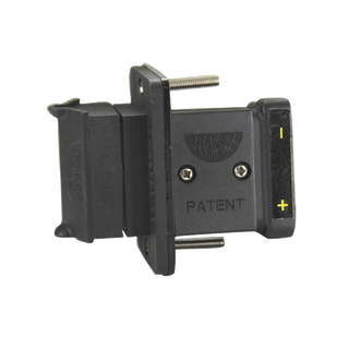 Trailer Vision flush mount cover for an SB50 Anderson connector, a black moulded housing with a sprung dust flap, two long mounting screws and a yellow plus and minus polarity strip down one side