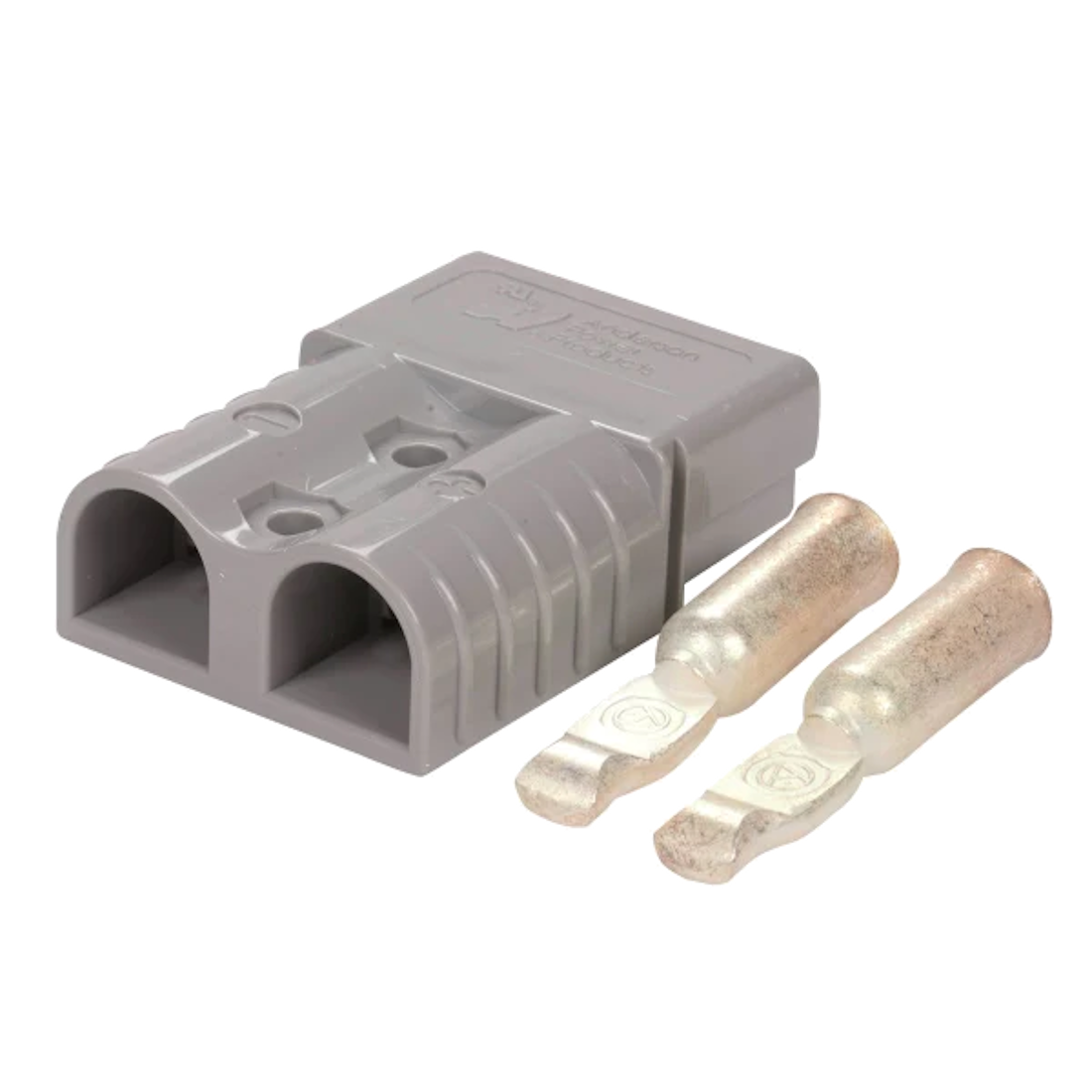 Grey Anderson SB50 connector housing at an angle with two silver contacts laid beside it, the Anderson Power Products name moulded into the top face and the plus and minus polarity marks on the body