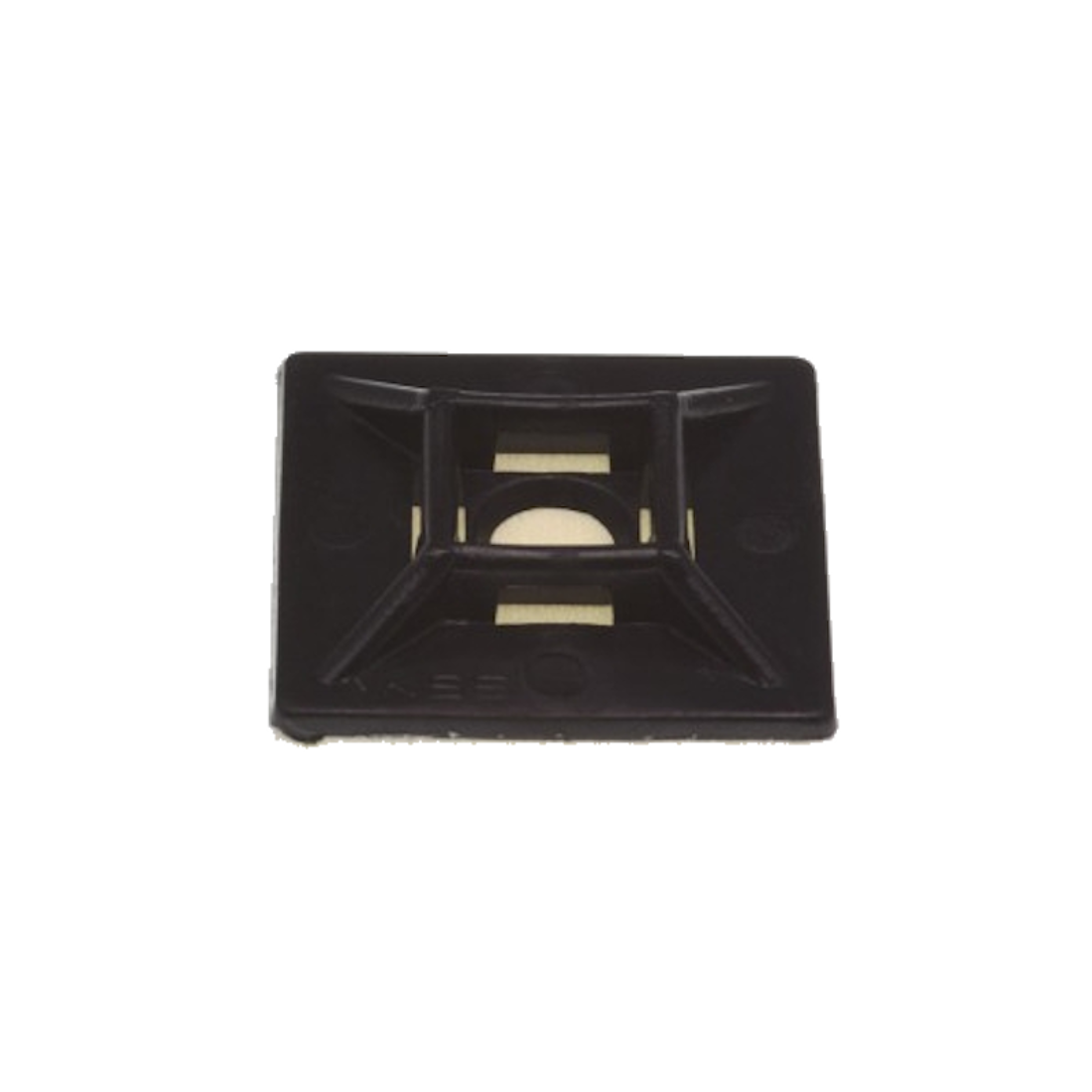 Black self-adhesive cable tie mounting pad, a square base with a raised cross-shaped centre and slots through it for the tie, the adhesive backing visible at the edges