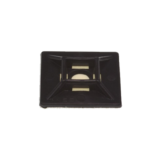 Black self-adhesive cable tie mounting pad, a square base with a raised cross-shaped centre and slots through it for the tie, the adhesive backing visible at the edges