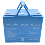 Blue Amptron lithium battery with Bluetooth connectivity on a white background
