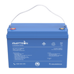 Blue battery with 'Amptron' branding on a white background